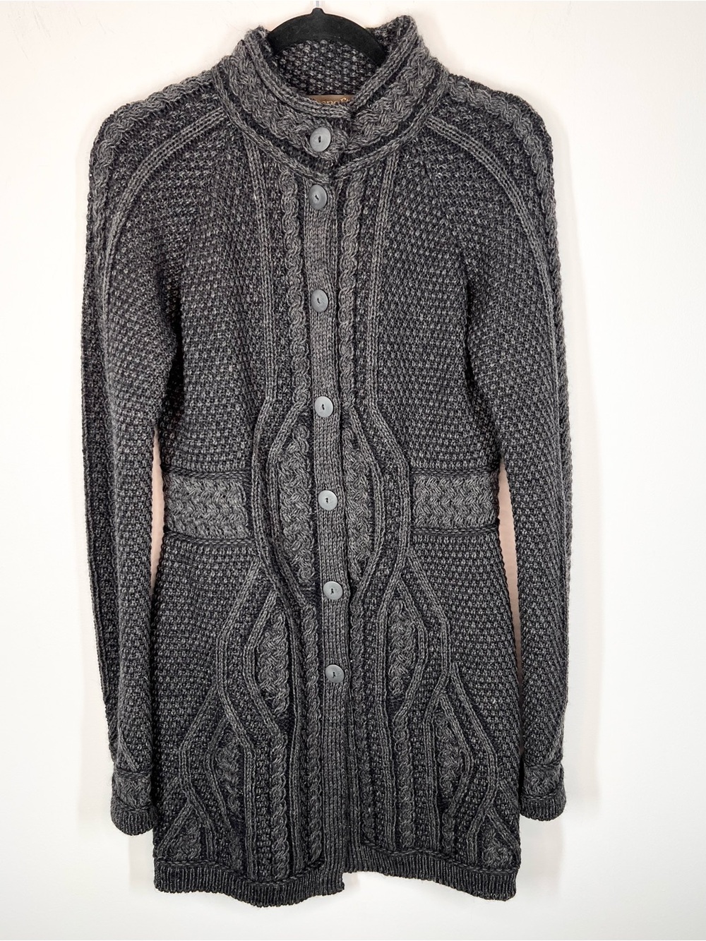 Inis Crafts 100% Merino Wool Button Up Long Cardigan Sweater Mock Neck Large